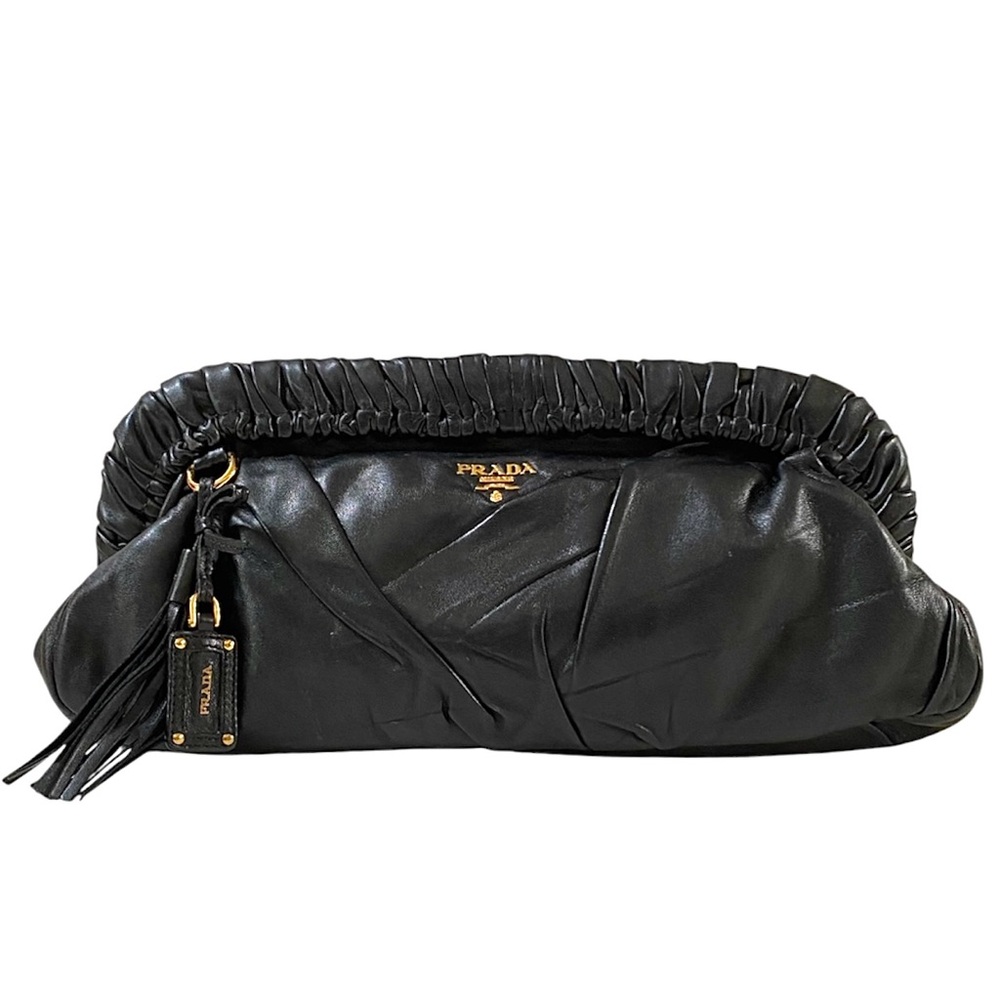AUTHENTIC VINTAGE PRADA NAPPA LEATHER PLEATED POCHETTE CLUTCH, BLACK